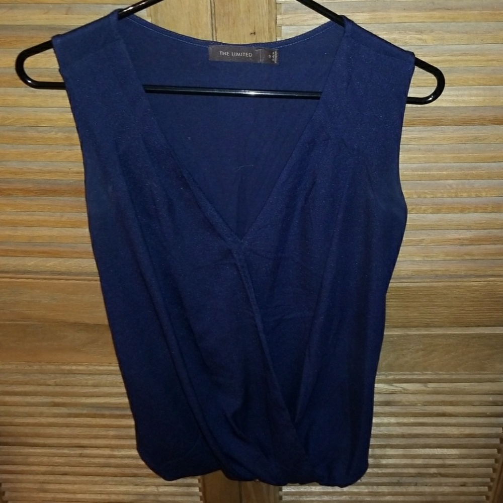 Navy wrap blouse. Chiffon front. Cotton back